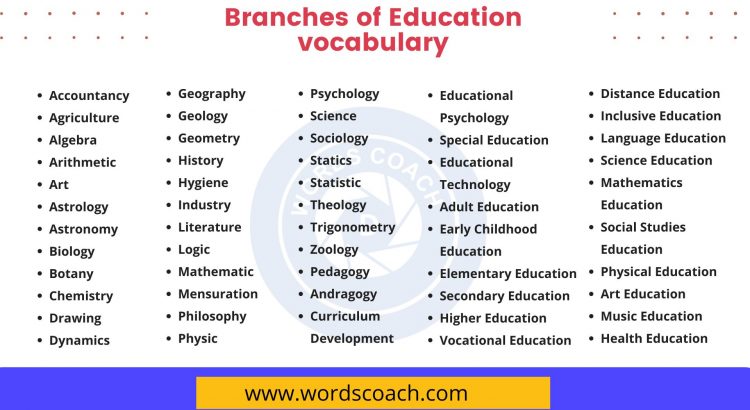 Branches of Education vocabulary - wordscoach.com