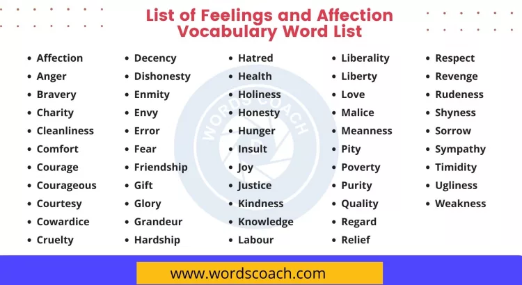 List of Feelings and Affection Vocabulary Word List - wordscoach.com
