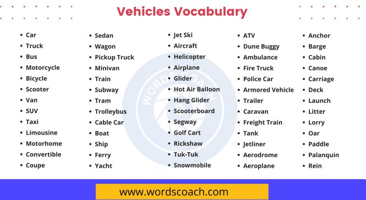 Vehicles Vocabulary - wordscoach.com