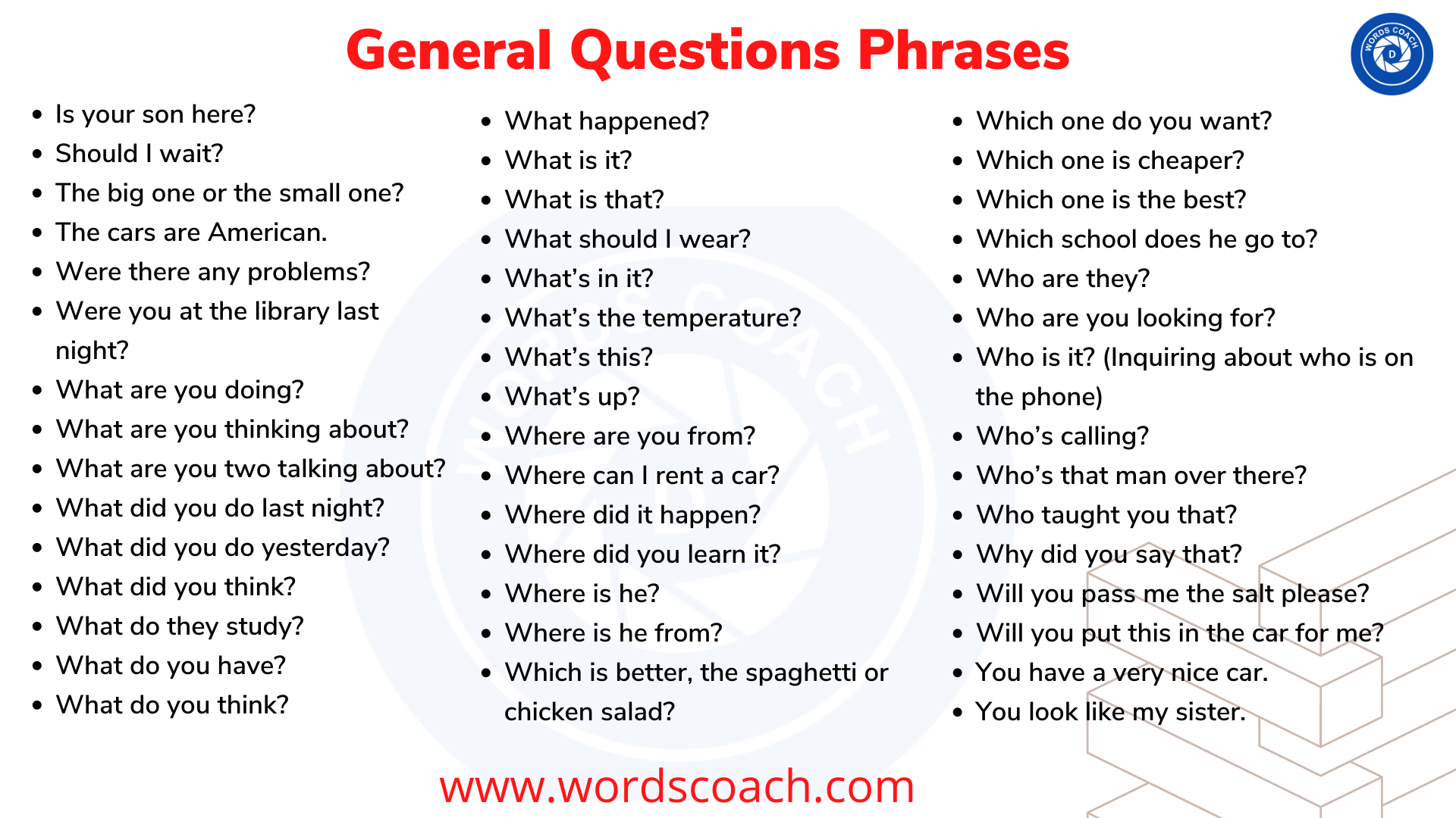 General Questions Phrases Word Coach