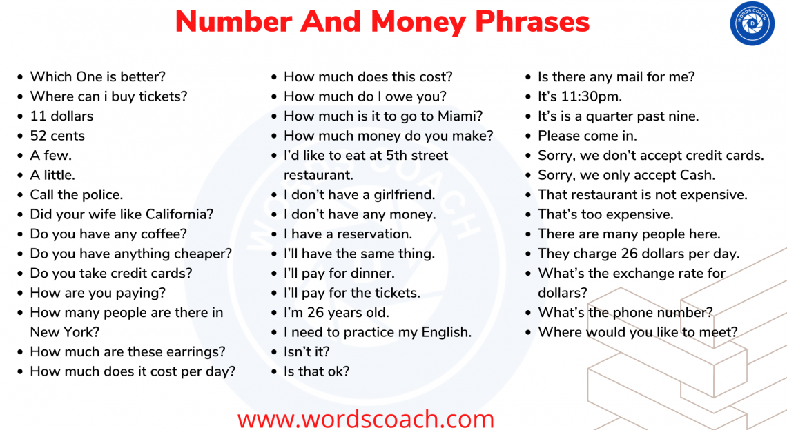 Number And Money Phrases Word Coach