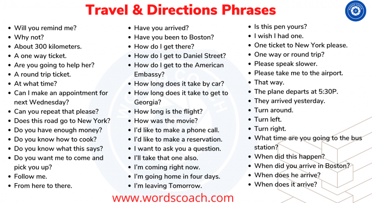 Travel & Directions Phrases - wordscoach.com