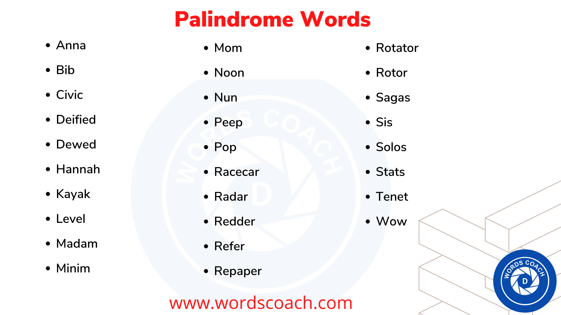 Palindrome Words Word Coach