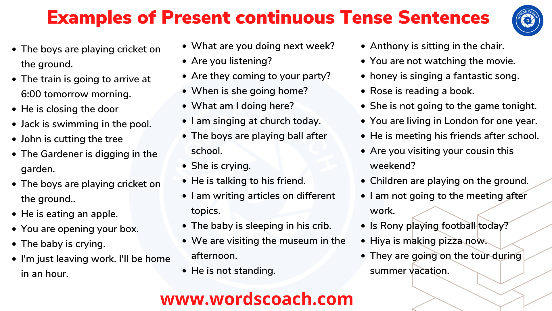 Examples of Present continuous Tense Sentences - wordscoach.com