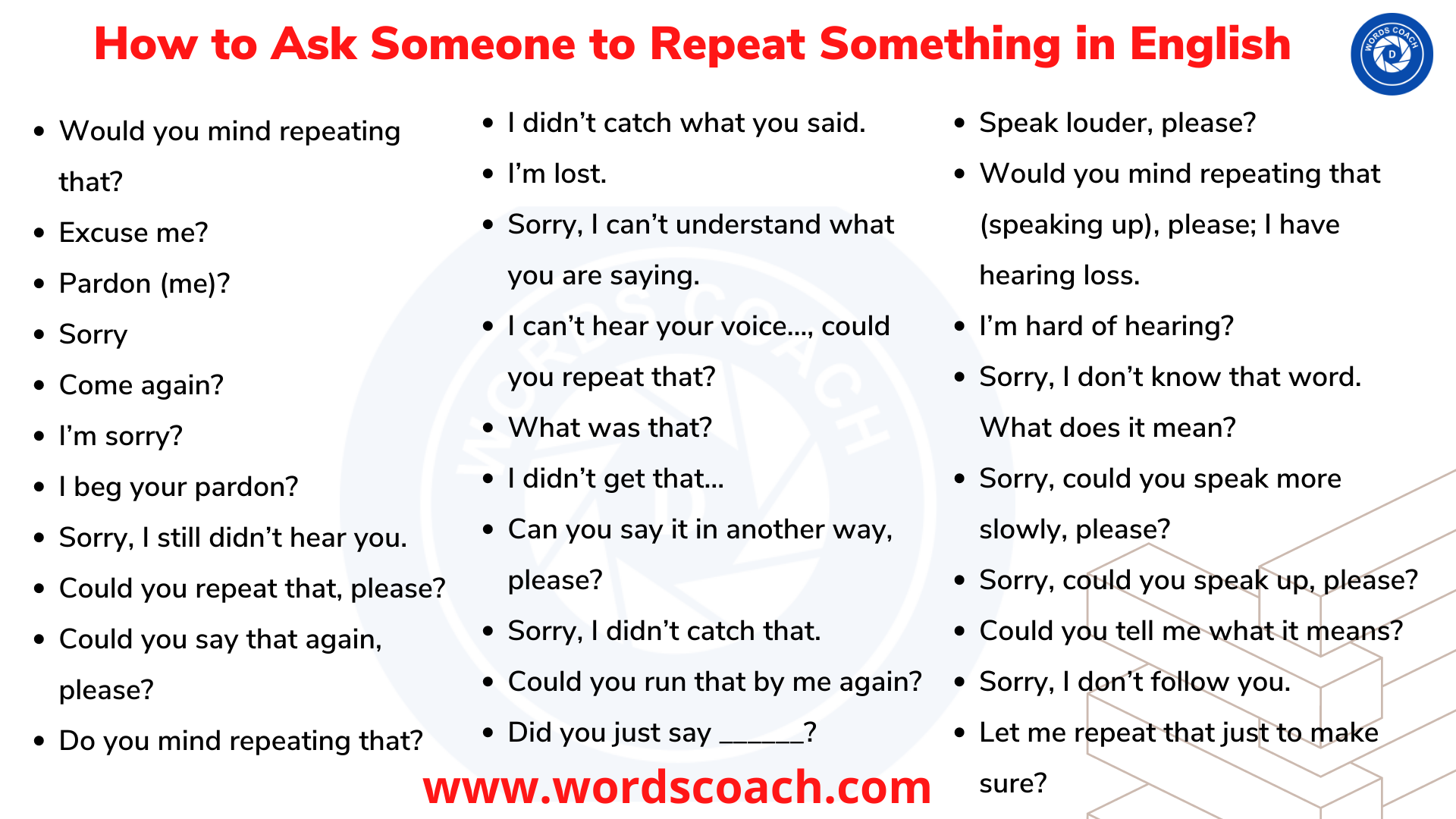How to Ask Someone to Repeat Something in English - wordscoach.com