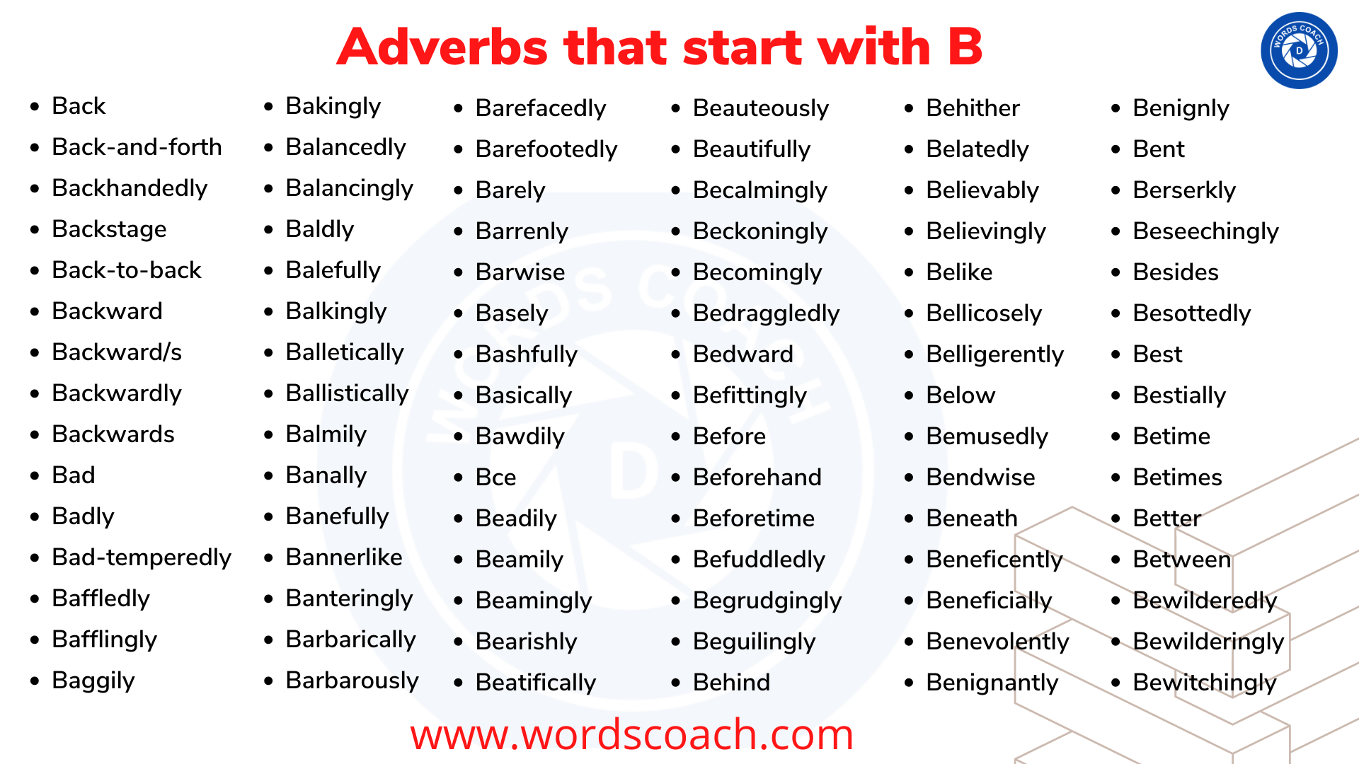 Adverbs that start with B - wordscoach.com