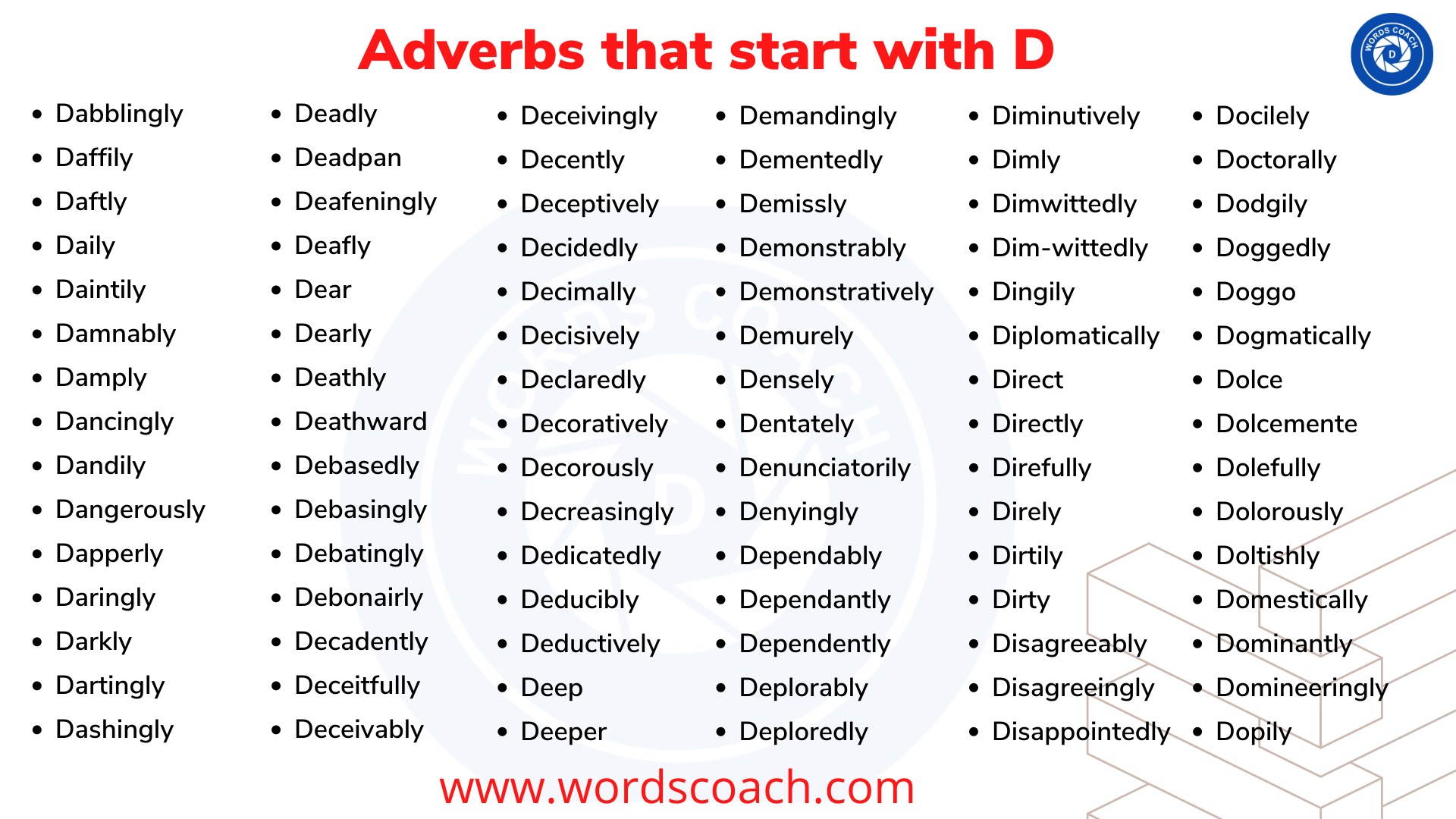 Adverbs that start with D - wordscoach.com