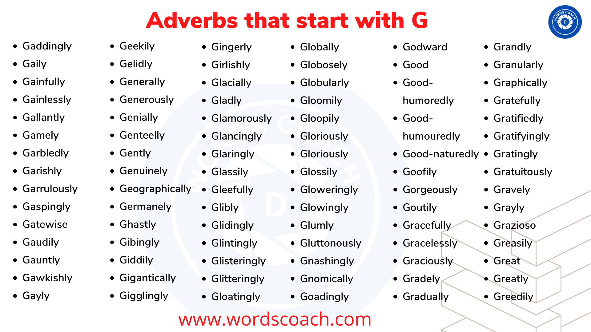 Adverbs that start with G - wordscoach.com