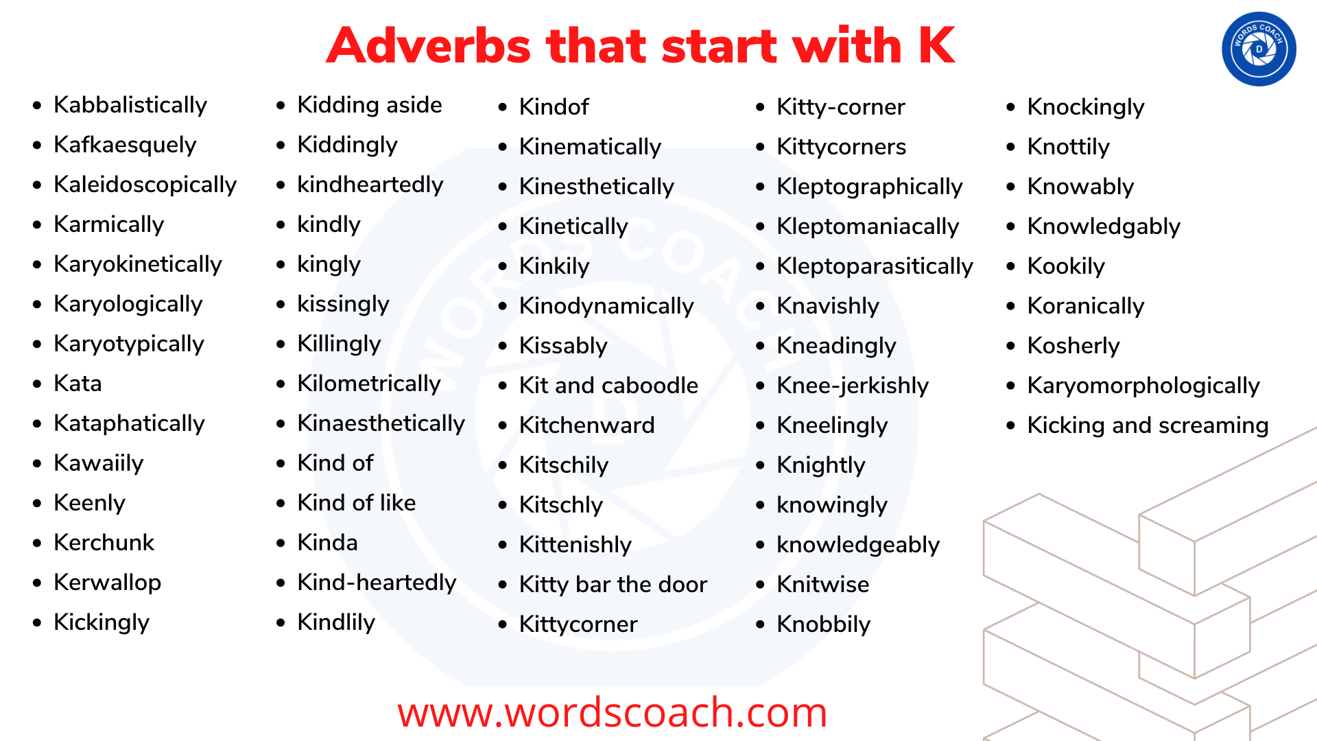 Adverbs that start with K - wordscoach.com