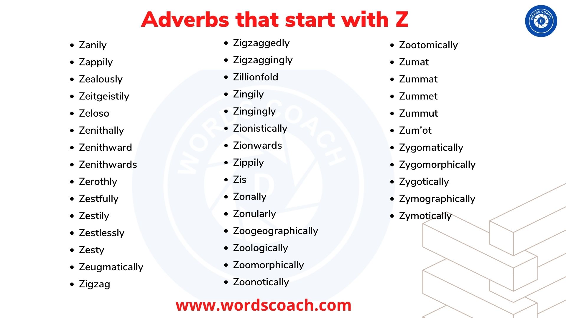 Adverbs that start with Z - wordscoach.com