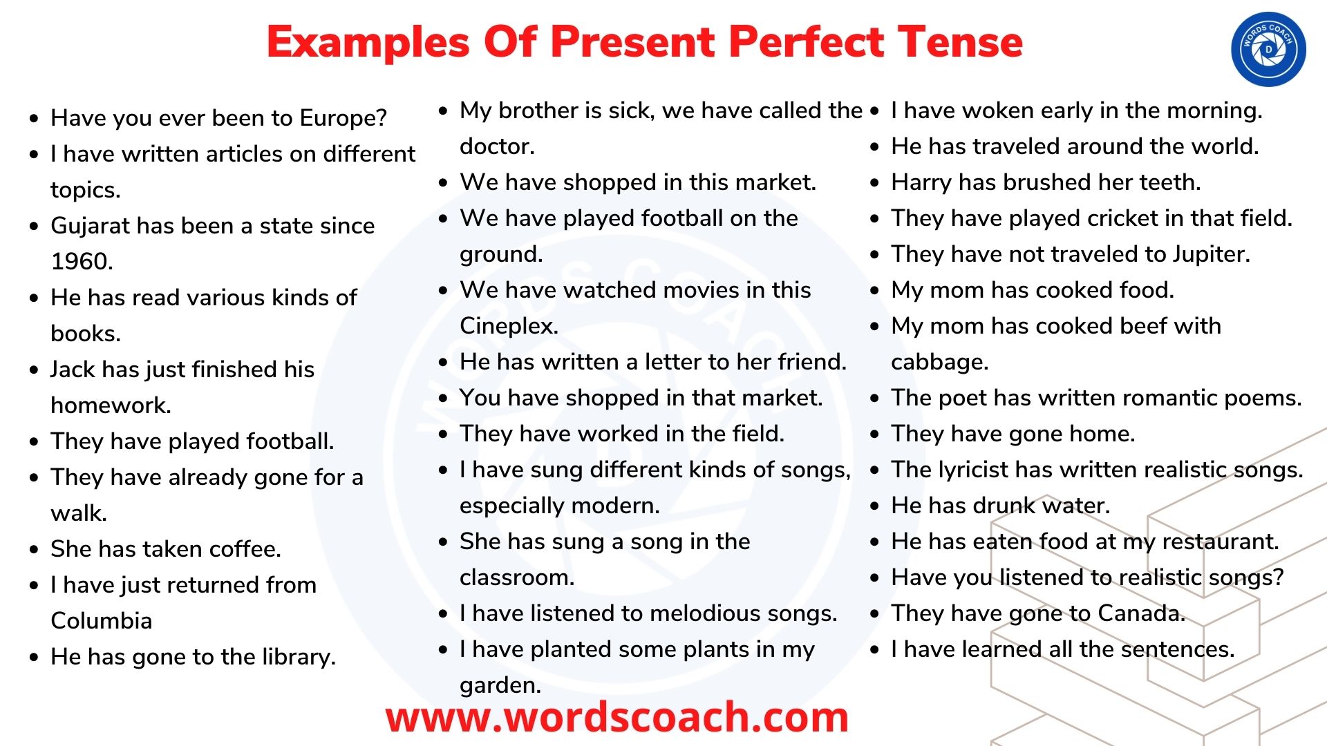 Examples Of Present Perfect Tense