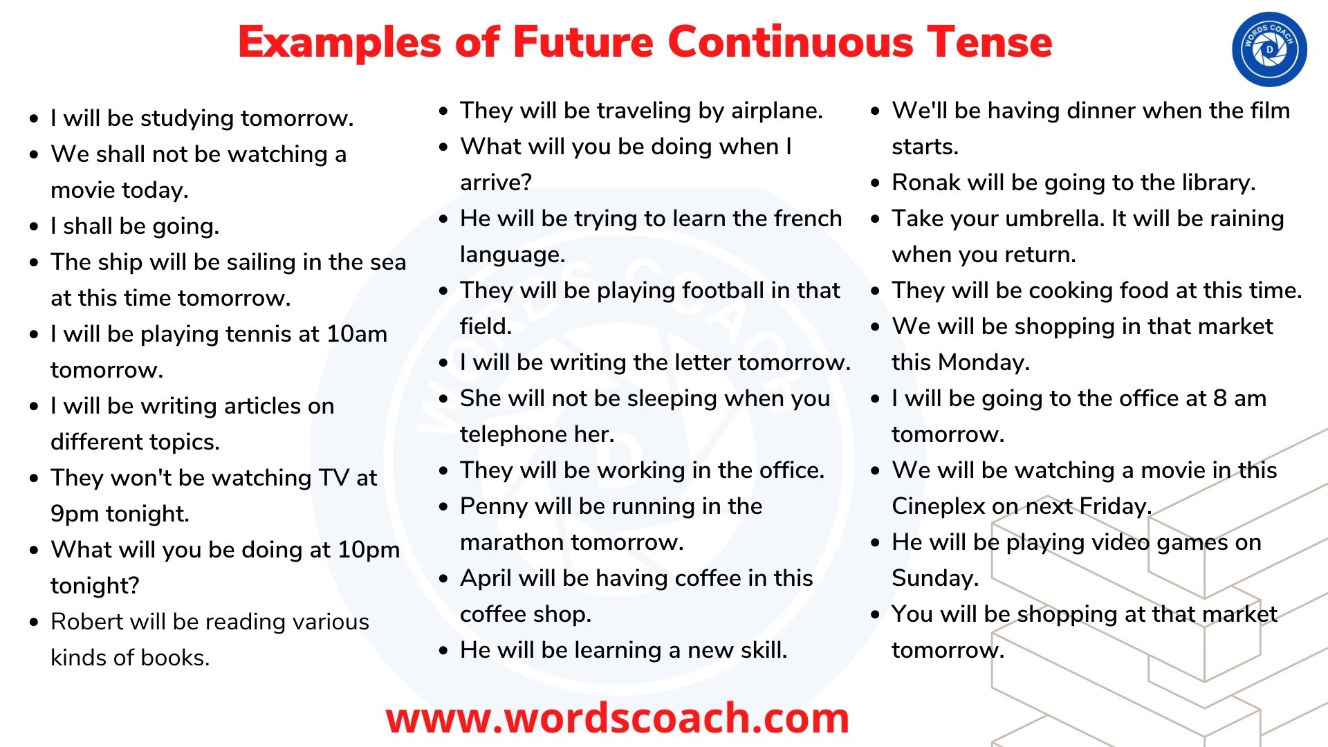 Examples of Future Continuous Tense