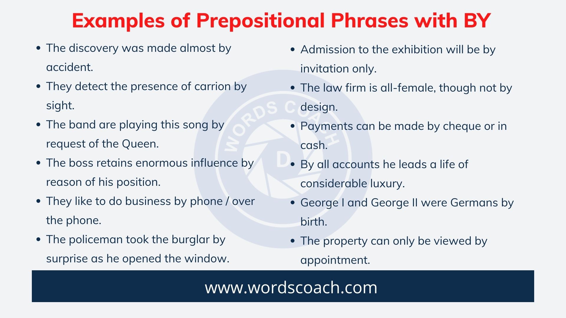 Examples of Prepositional Phrases with BY - wordscoach.com