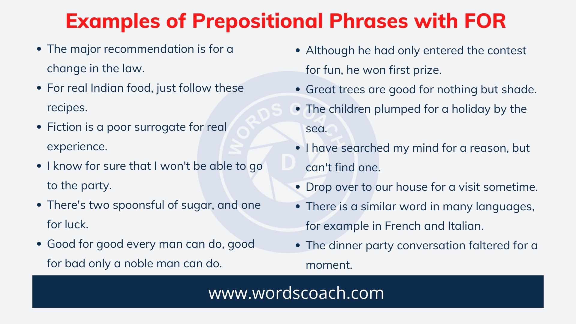 Examples of Prepositional Phrases with FOR - wordscoach.com