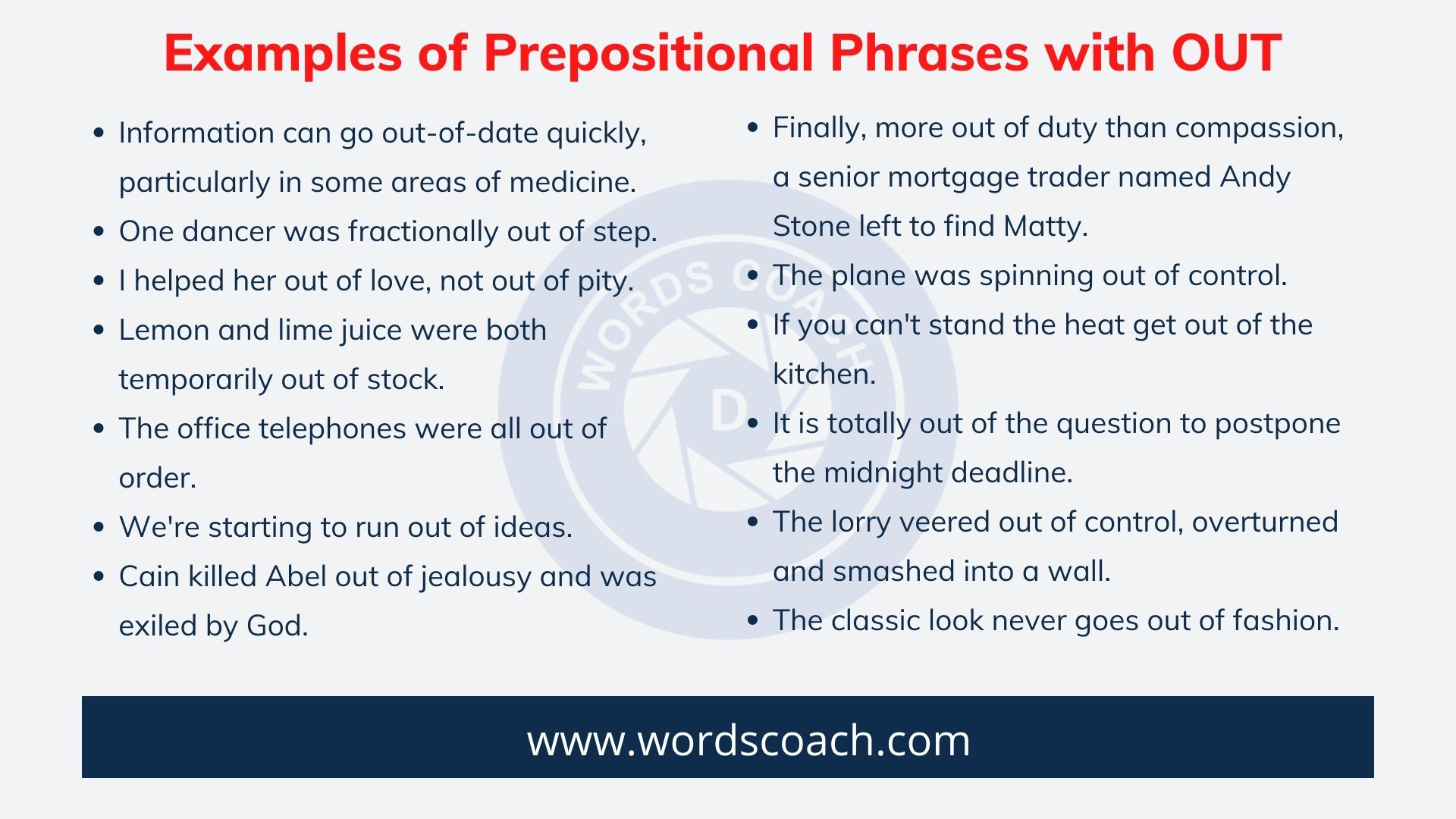 Examples of Prepositional Phrases with OUT - wordscoach.com