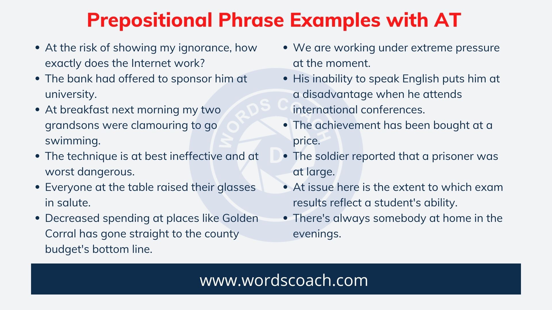 Prepositional Phrase Examples with AT - wordscoach.com