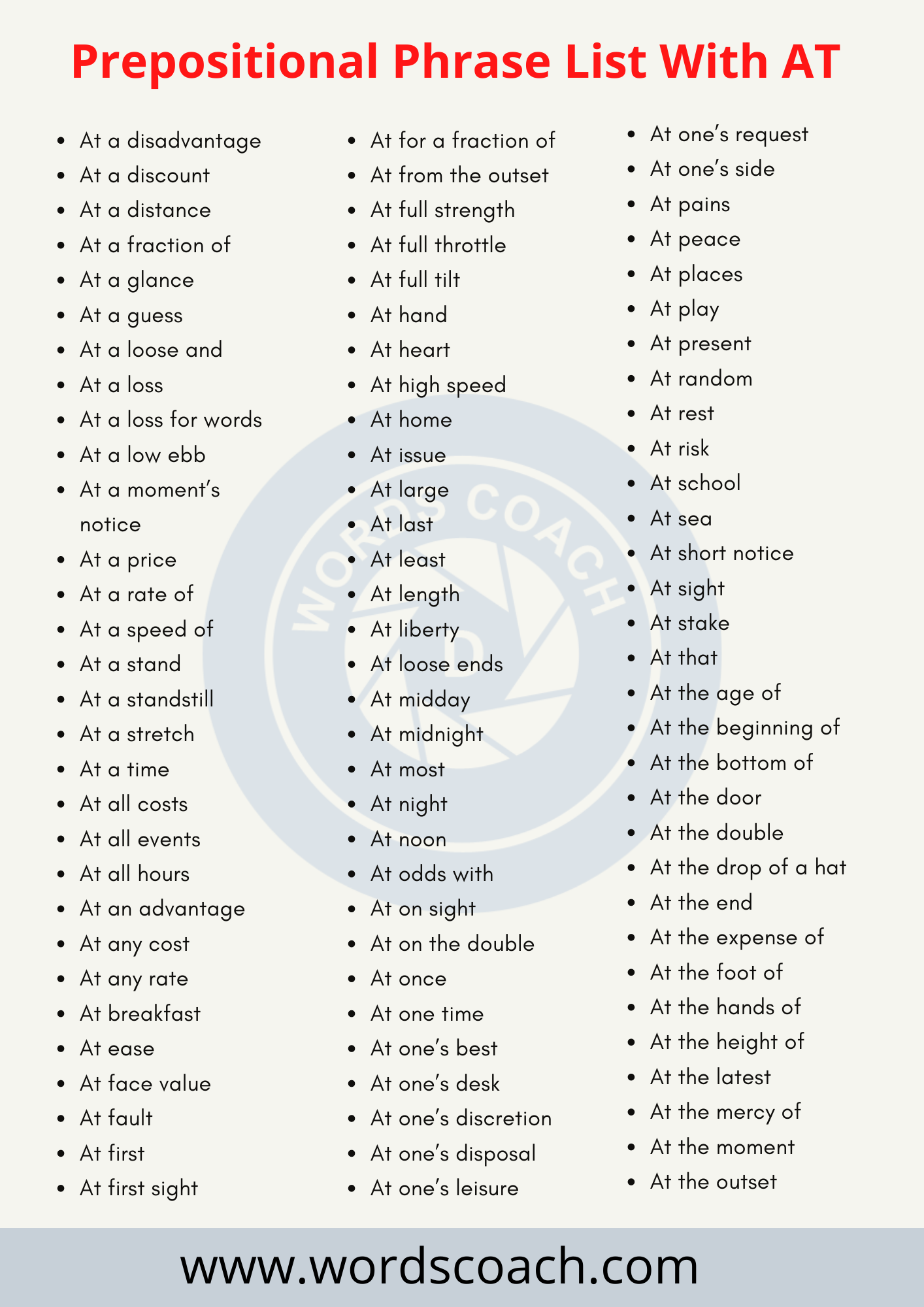Prepositional Phrase List With AT - wordscoach.com