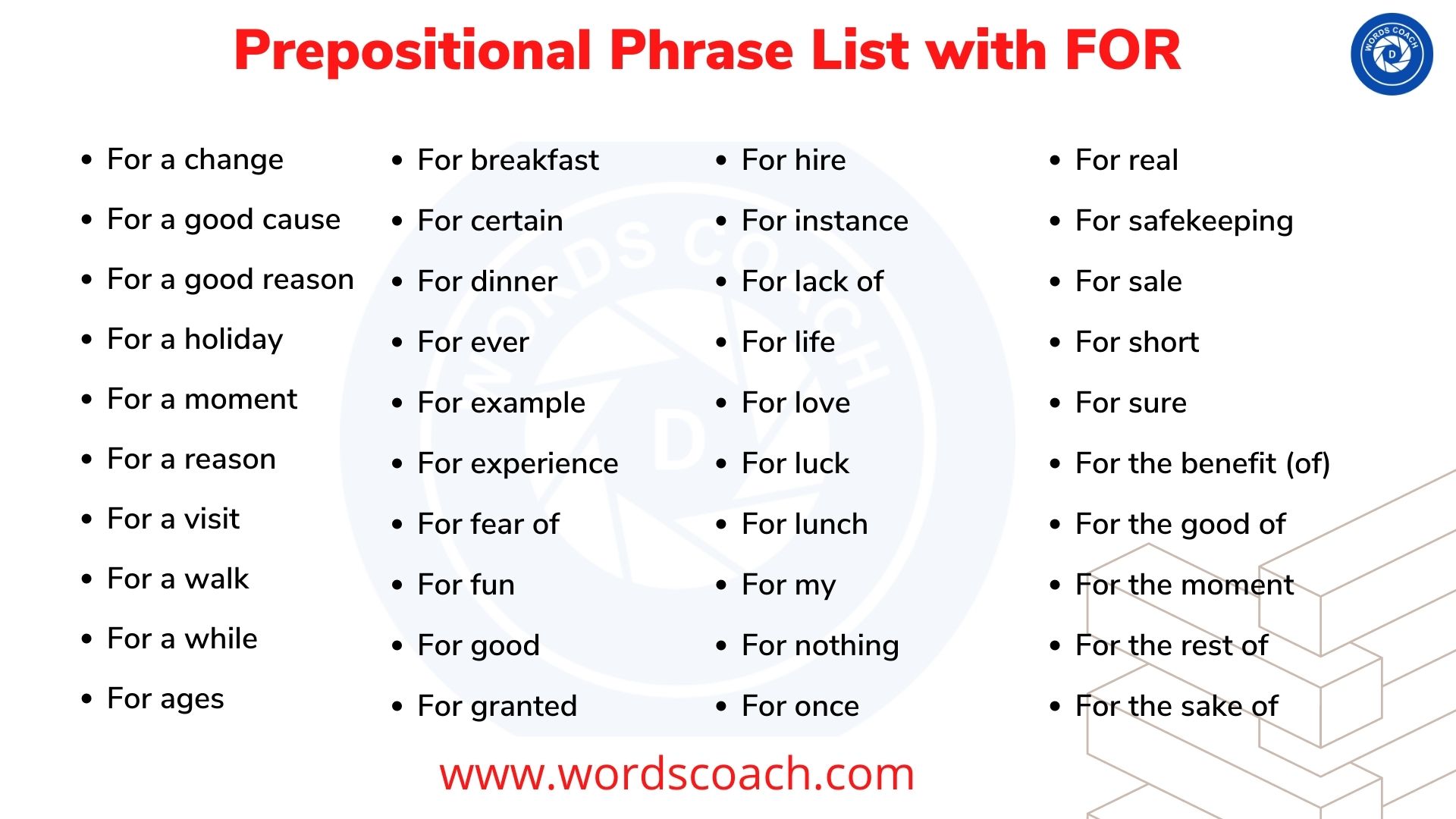 Prepositional Phrase List with FOR - wordscoach.com