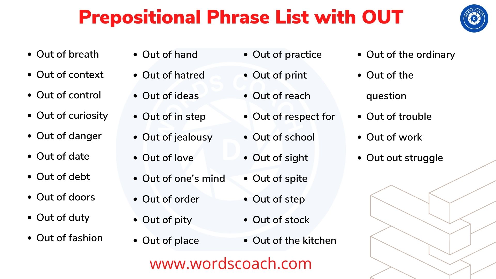 List of Prepositional Phrases with OUT.