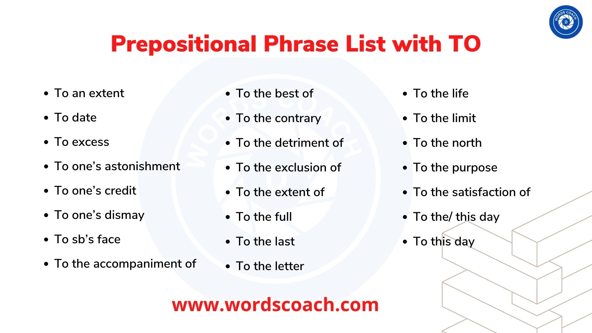 Prepositional Phrase List with TO - wordscoach.com