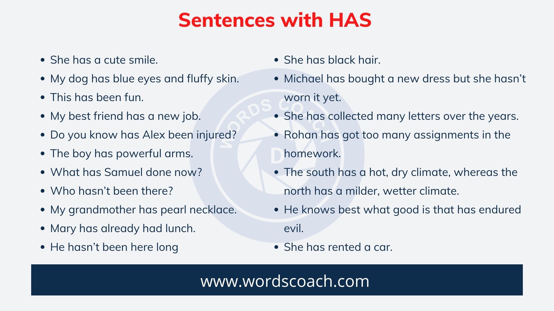 Sentences with HAS - wordscoach.com
