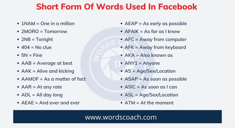 Short Form Of Words Used In Facebook - wordscoach.com