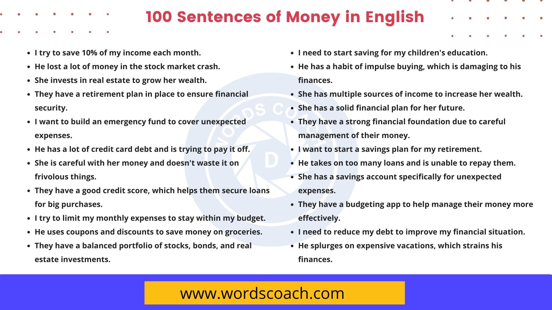 100 Sentences of Money in English Word Coach