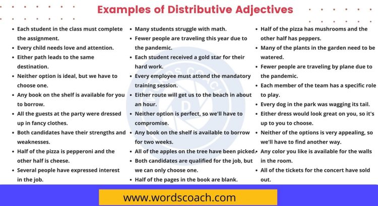 100+ Examples of Distributive Adjectives - wordscoach.com