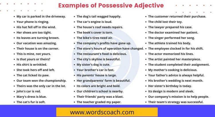 100+ Examples of Possessive Adjective - wordscoach.com