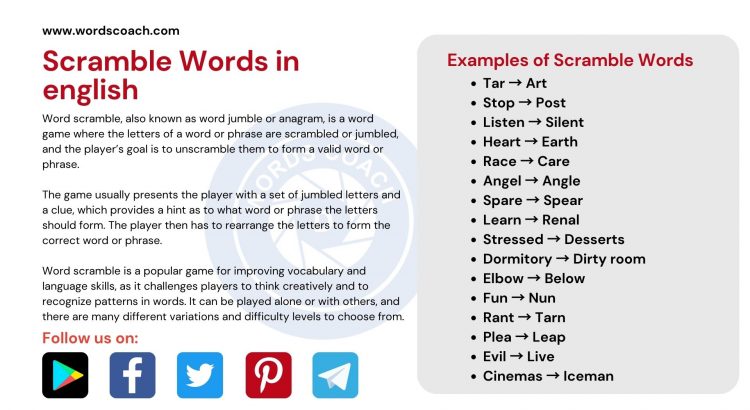 Scramble Words in english - wordscoach.com