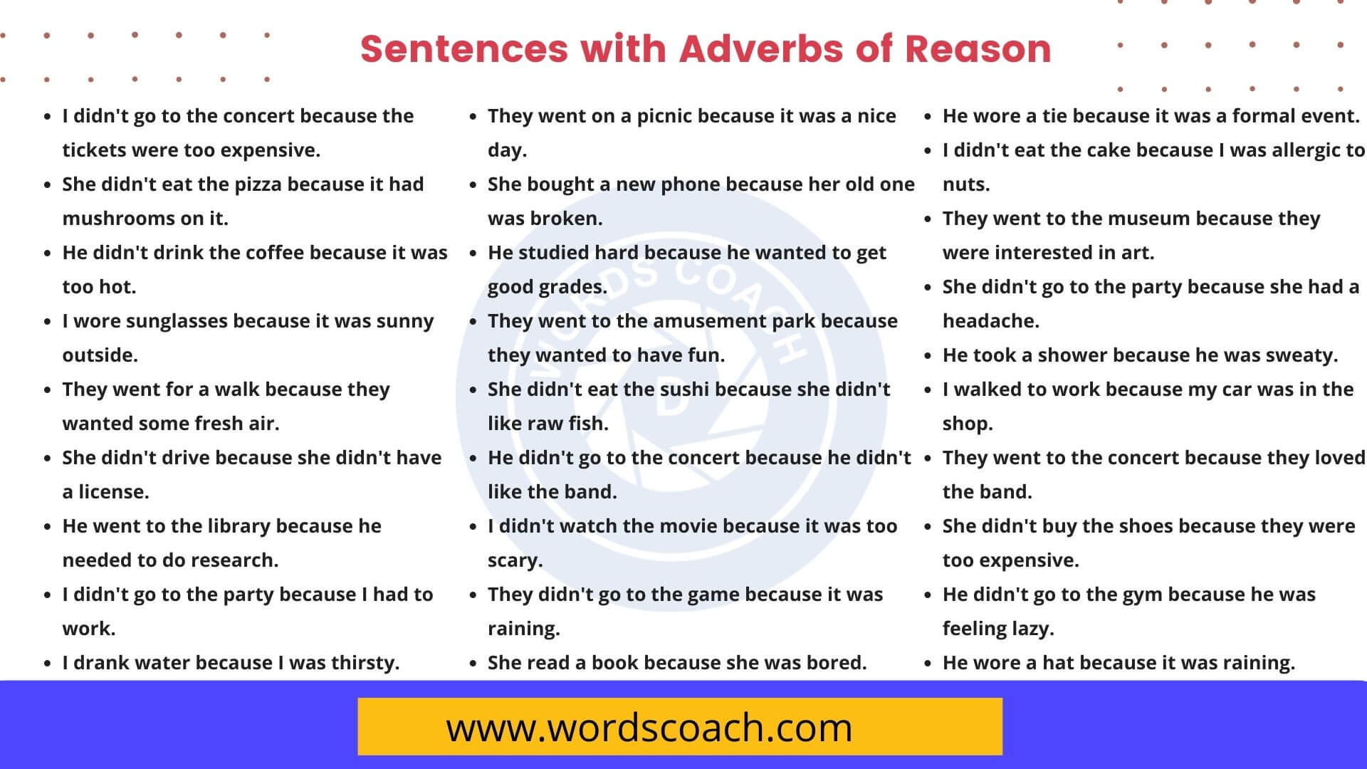 100+ Sentences with Adverb of Reason in English Word Coach