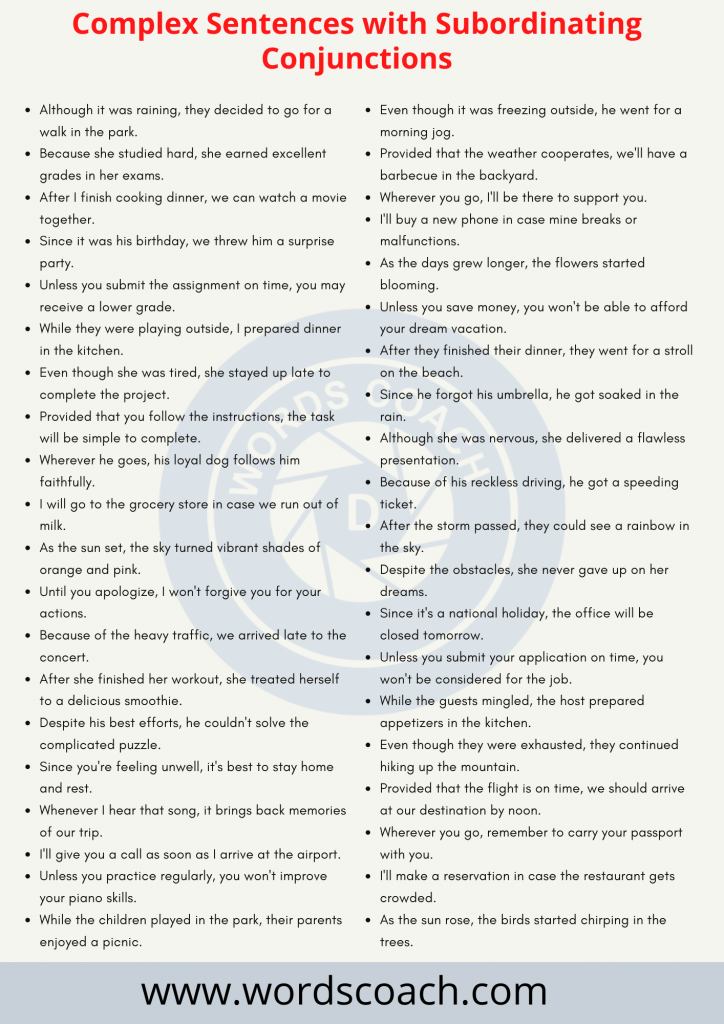 Complex Sentences with Subordinating Conjunctions - wordscoach.com