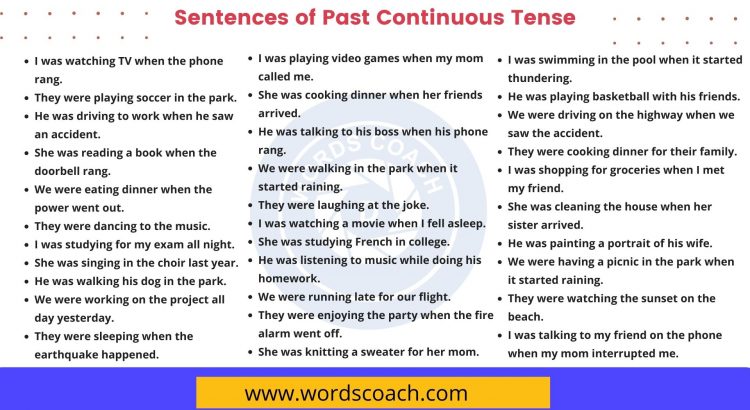 Sentences of Past Continuous Tense - wordscoach.com