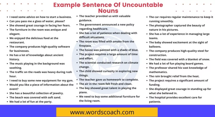 Example Sentence Of Uncountable Nouns - wordscoach.com