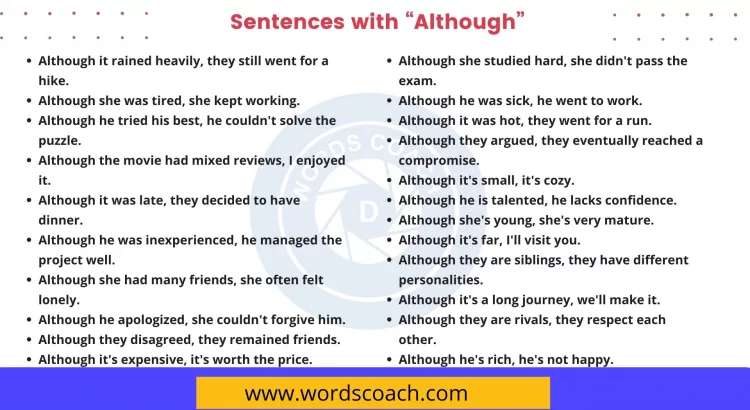 Sentences with Although - wordscoach.com