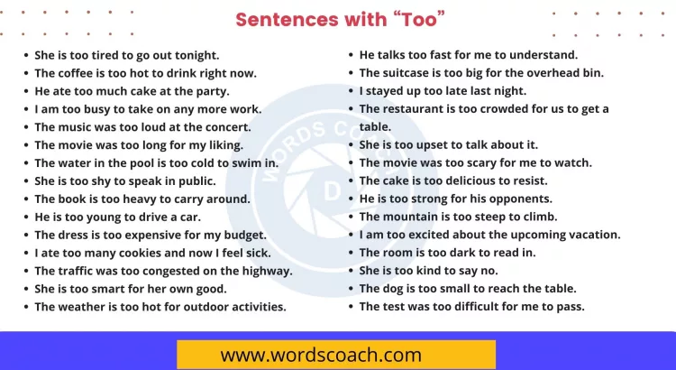 Sentences with Too - wordscoach.com