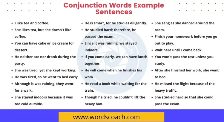 Conjunction Words Example Sentences - wordscoach.com