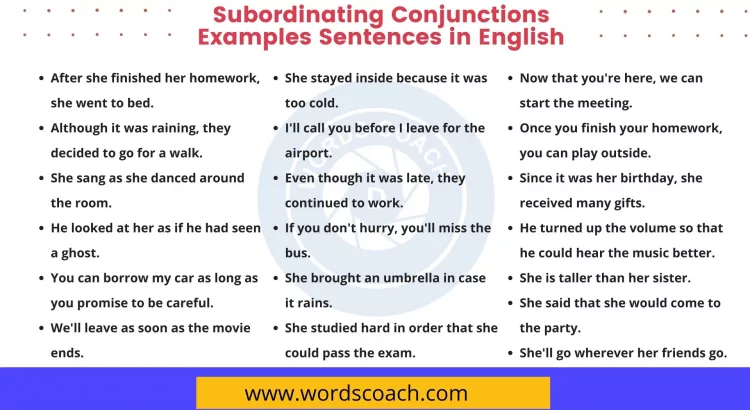 Subordinating Conjunctions Examples Sentences in English - wordscoach.com