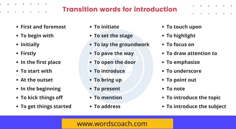Transition words for introduction with examples - wordscoach.com