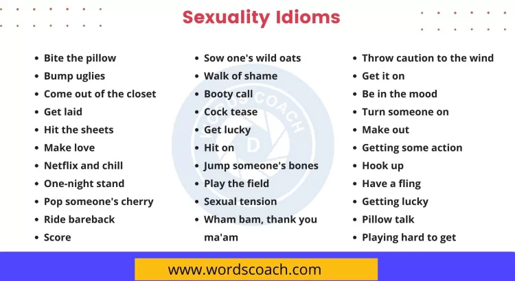 Throw caution to the wind Get it on Be in the mood Turn someone on Make out Getting some action Hook up Have a fling Getting lucky Pillow talk Playing hard to get