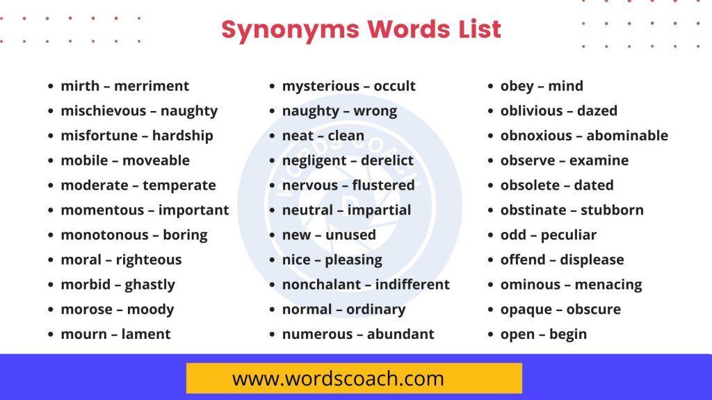 Synonyms Words List - wordscoach.com
