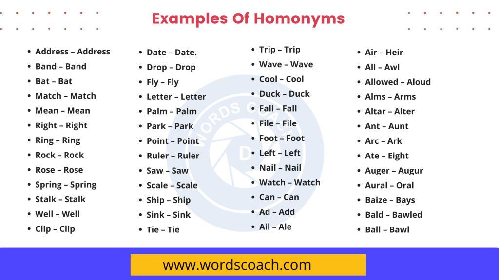 examples of homonyms - wordscoach.com